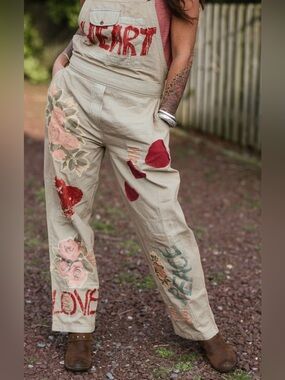 Boho Floral Patchwork Overalls - Pink & Beige